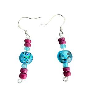 Purple and blue beaded funky dangle drop earrings on silver tone hooks